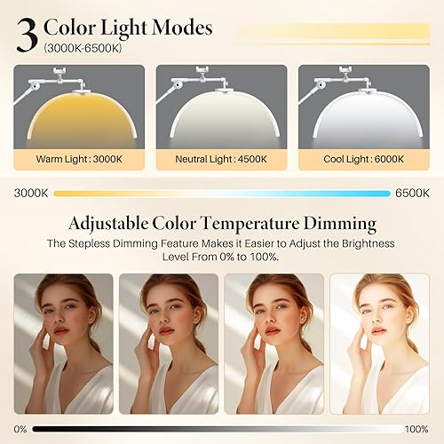 Miniatura 22 de LIONVISON Iluminación de pestañas de media luna: lámpara LED de piso plegable para pestañas - Luz esteticista portátil de 45 W con soporte para Negro