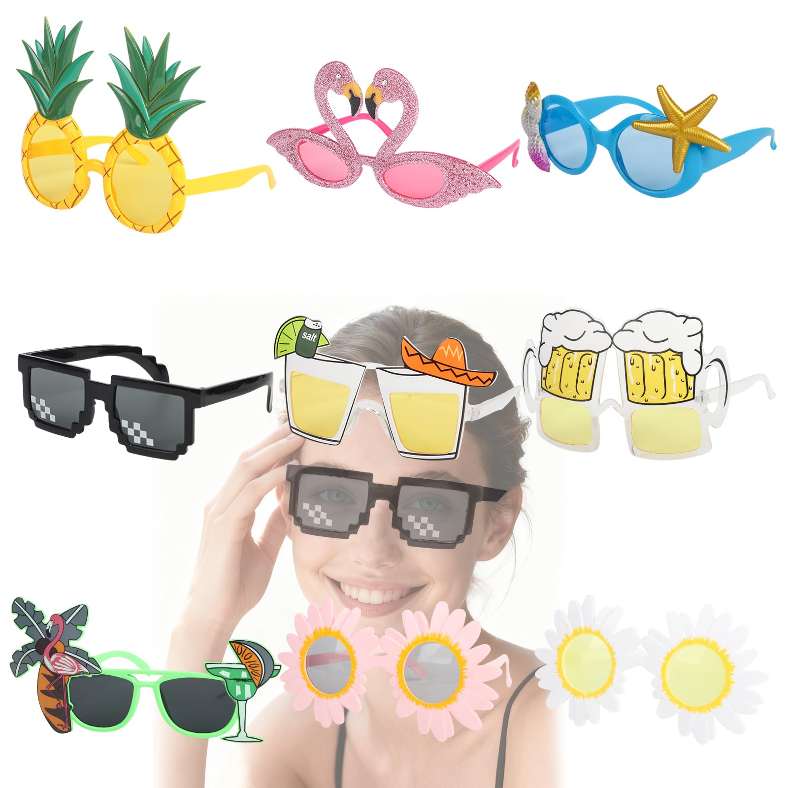 Bailtouk 9 Pairs Party Sunglasses, Funny Hawaiian Glasses, Novelty Party Glasses Hawaiian Party Decoration Props Funky Holiday Glasses Party Gadgets for Kids Adults Party Eyewear