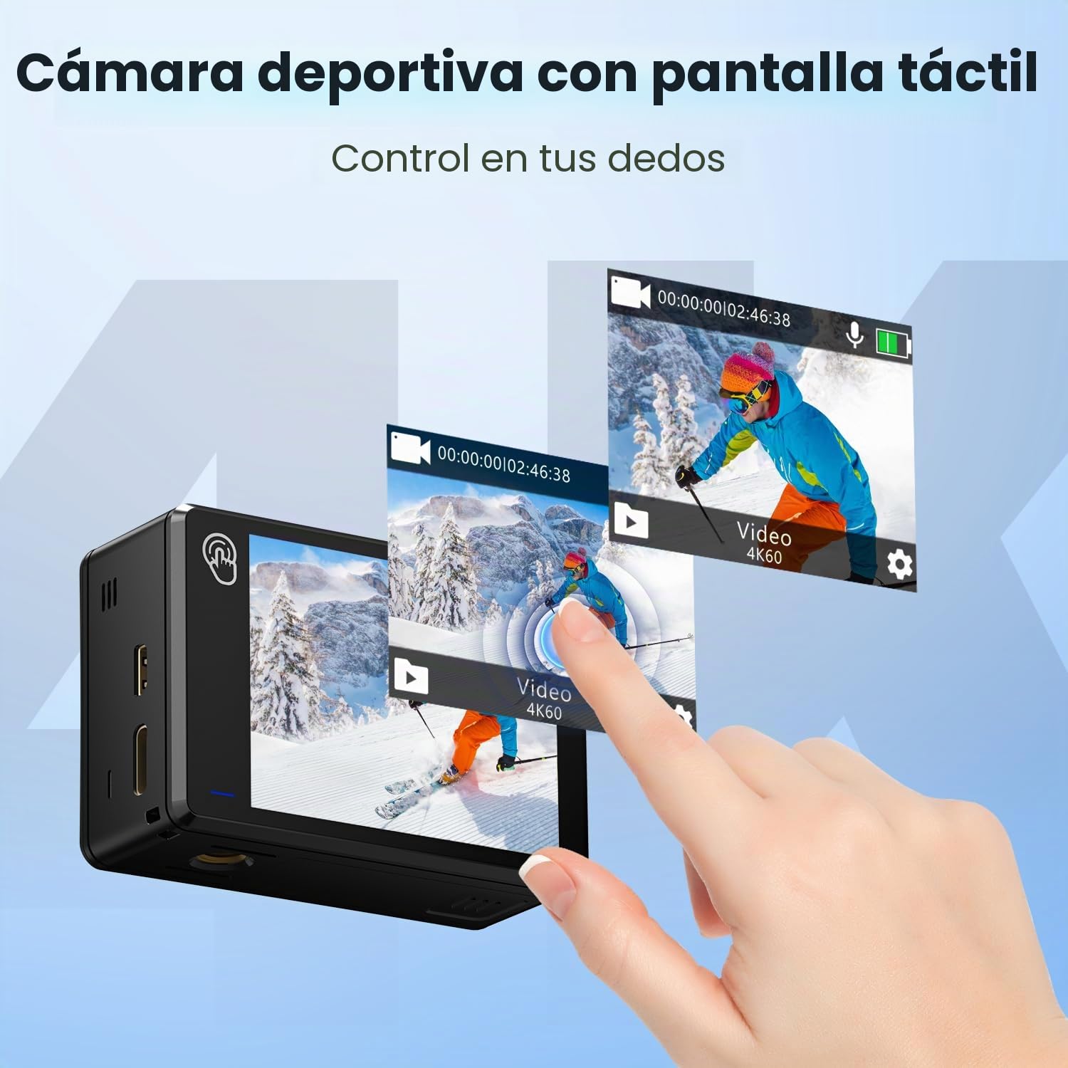 Dualscreen 4K60FPS Cámara Deportiva, Cámara Acuática 40M, 48MP Videocámara WiFi con Pantalla táctil EIS, Zoom de 8X, Cámara de Acción con 2 baterías de 1350 mAh