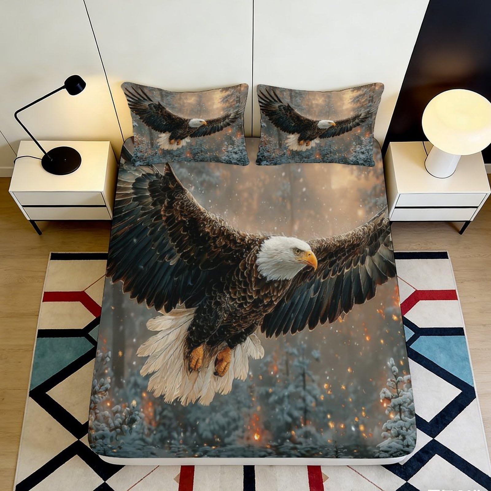 3D Printed Majestic Eagle Fitted Sheet Microfiber Soft Breathable Wild Forest Bed Cover for Bedroom Guest Room Decor 90x200x25cm