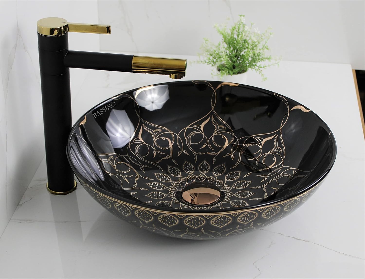 BASSINO 16x16x6 Inches Ceramic Counter Top Wash Basin/1 Year Warranty/Moroccan Round Tabletop Basin for Bathroom/Above Counter Sink for Dining Hall/Living Room/Hotel/Office(Black & Rose Gold Finish)