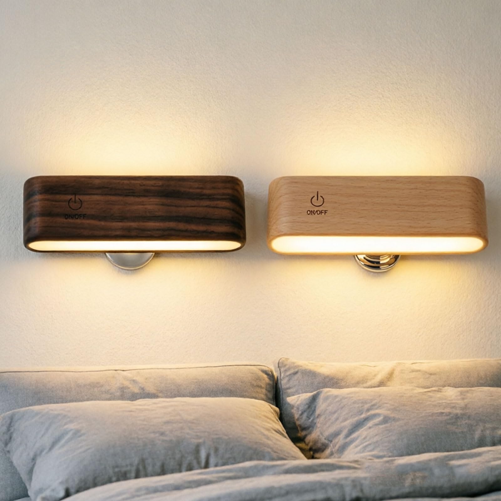Luce notturna in legno con luce delicata, perfetta per la lettura sul comodino e una comoda luce notturna