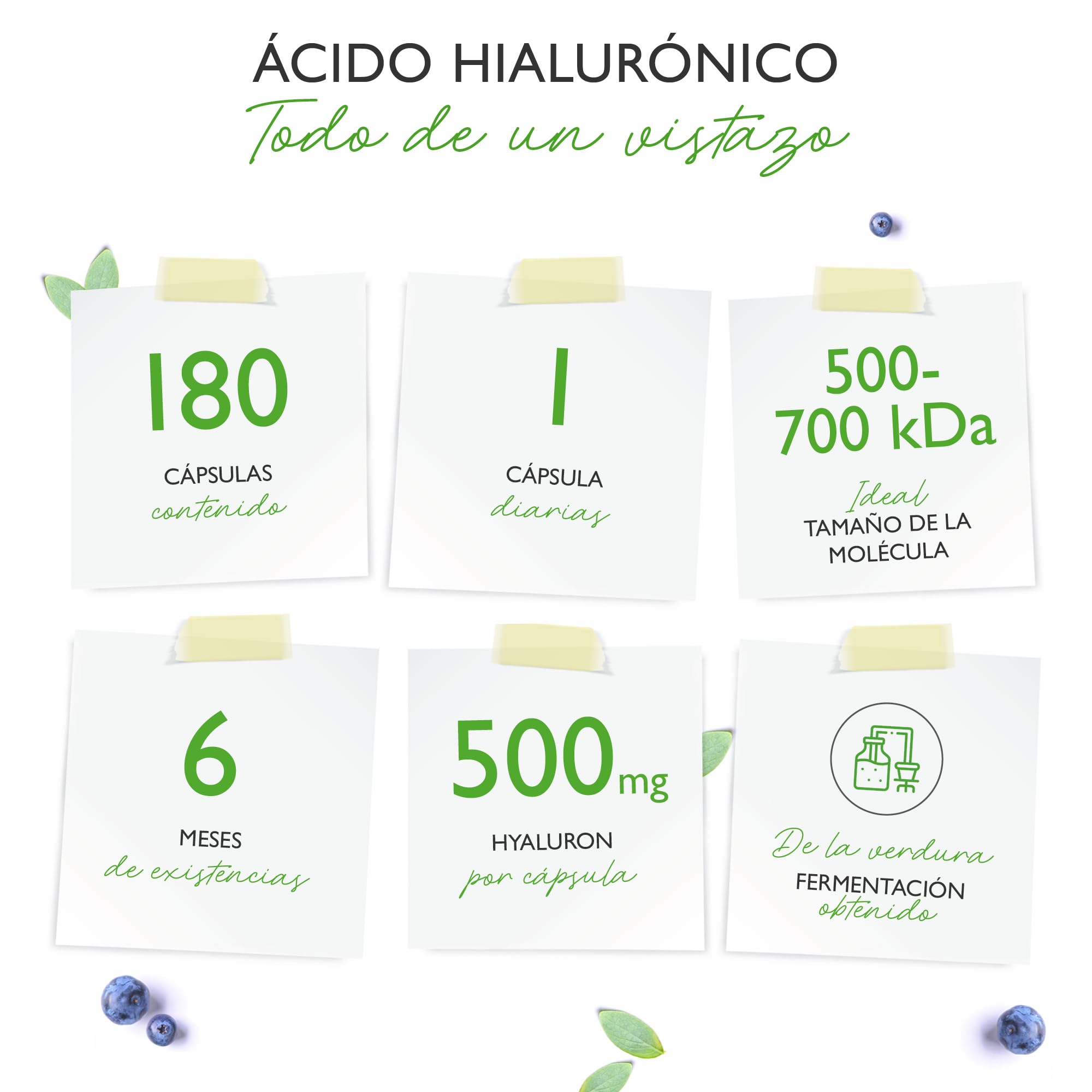 Ácido Hialurónico Vegano - 500 mg Hialurón - 180 cápsulas para 6 meses - 500-700 kDa - Vegetal de fermentación Altamente dosificado - Sin aditivos