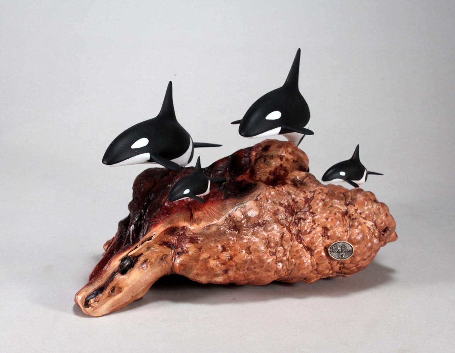 Orca Killer Whale Sculpture Super Family (2 Adults, 2 Calves) by John Perry on Polished Burl Wood. Signed.