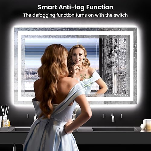 Miniatura 7 de Espejo de baño LED de 48 x 30 pulgadas con luces, antiniebla, retroiluminado + luz frontal, espejo de tocador de baño iluminado para pared, función