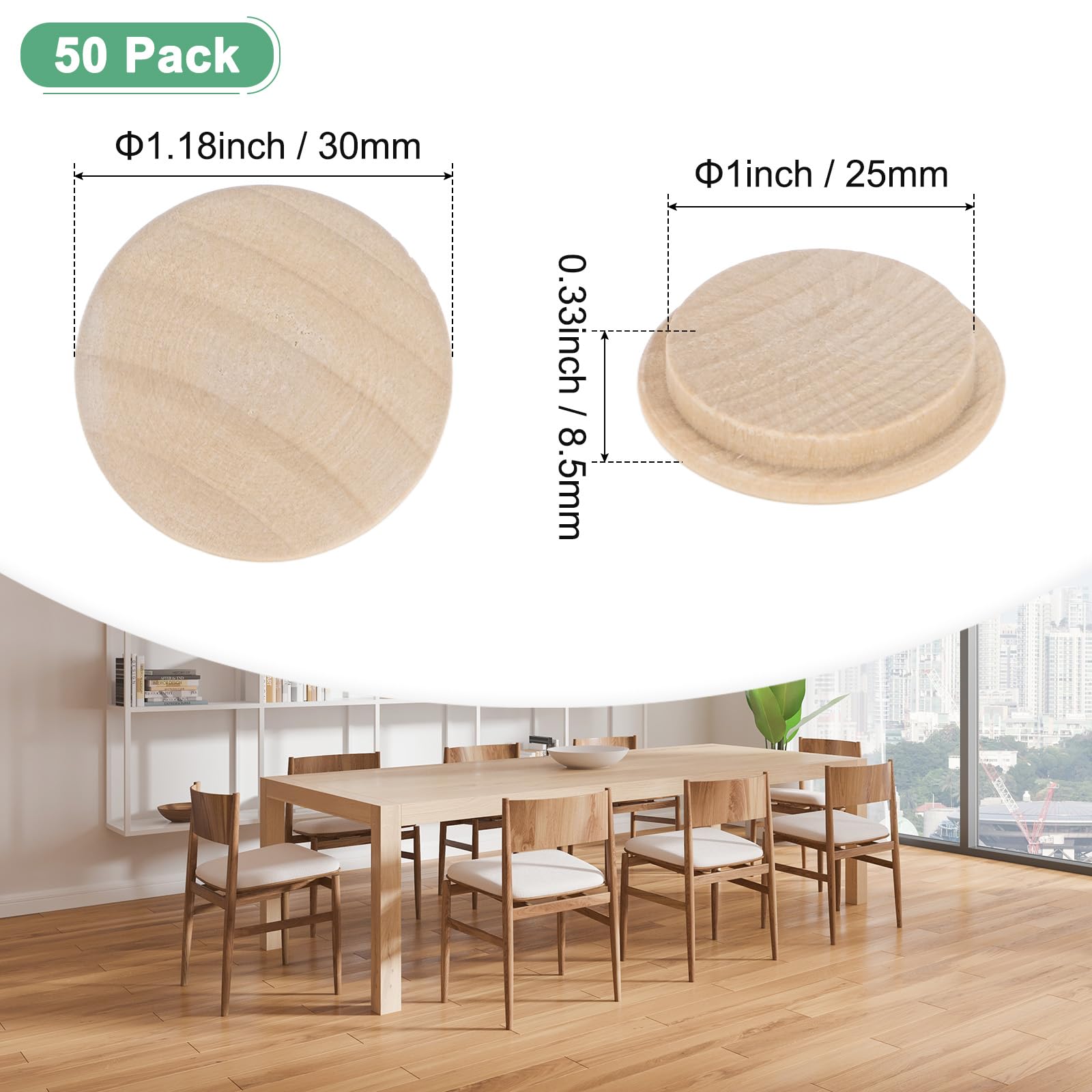 M METERXITY 50-Pack Wood Plugs for Screw Holes 30 x 25mm Beech Button Wood Top Plugs for Furniture/Stair/Chair/Craft - Image 3