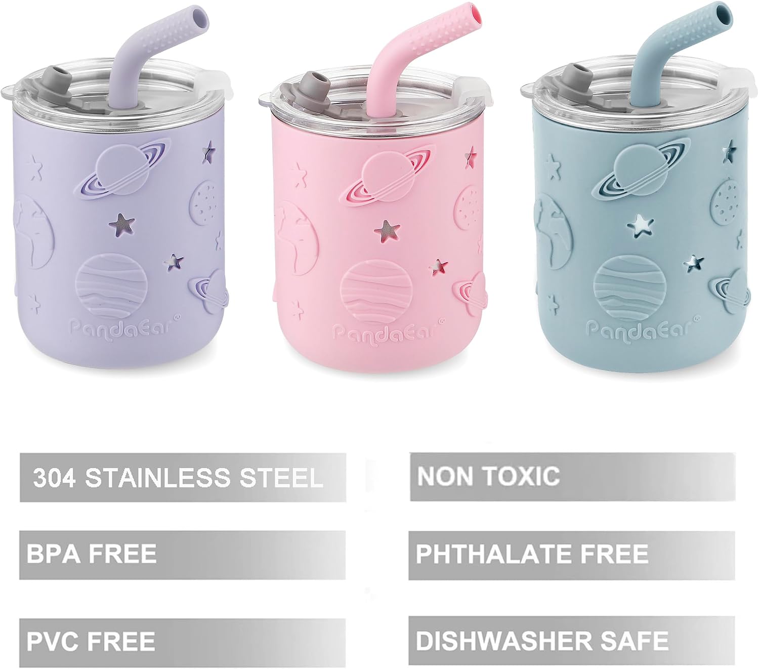 PandaEar 3 Pack Stainless Steel Toddler Cups with Lids & Silicone Sleeves, Stainless Steel Toddler Tumbler with Straw Stopper, 8.8 oz (Pink/Blue/Purple)