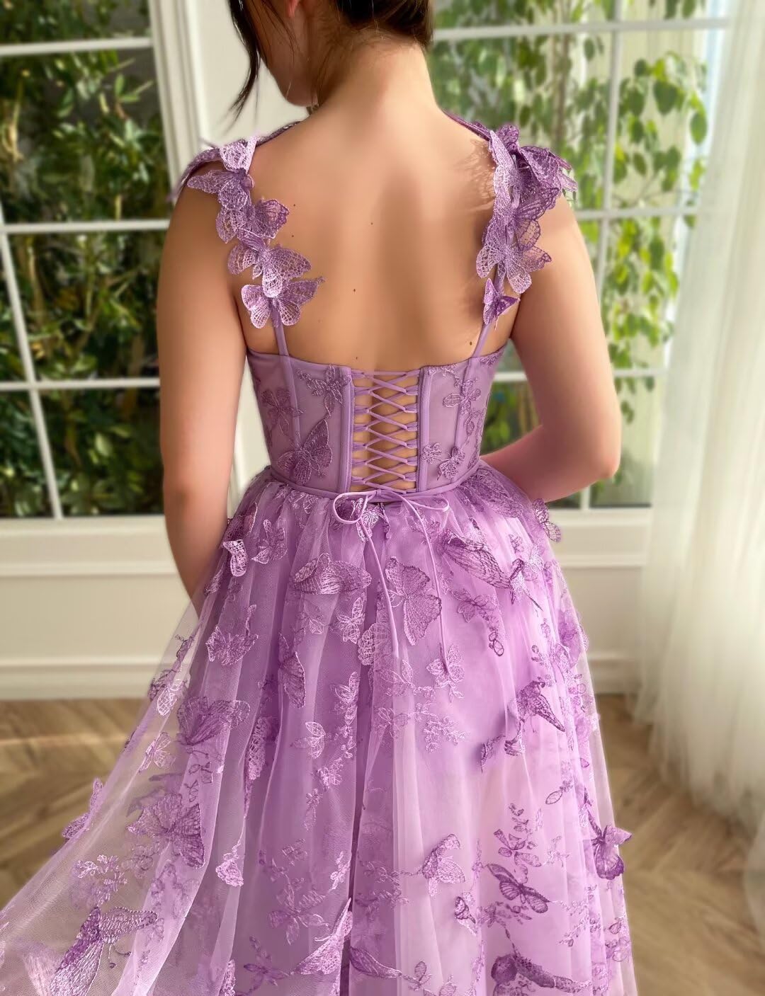3D Butterfly Tulle Prom Dresses Tea Length Lace Appliques Embroidery A Line Formal Evening Party Gowns with Pockets