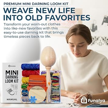 Funalya Darning Loom Kit & Darning Egg with 14 Hooks, 10 Knitting Needles, 50 Colors Thread, DIY Sock Mending Tool, Complete Mini Loom & Darning Kit with Guide (Orange)