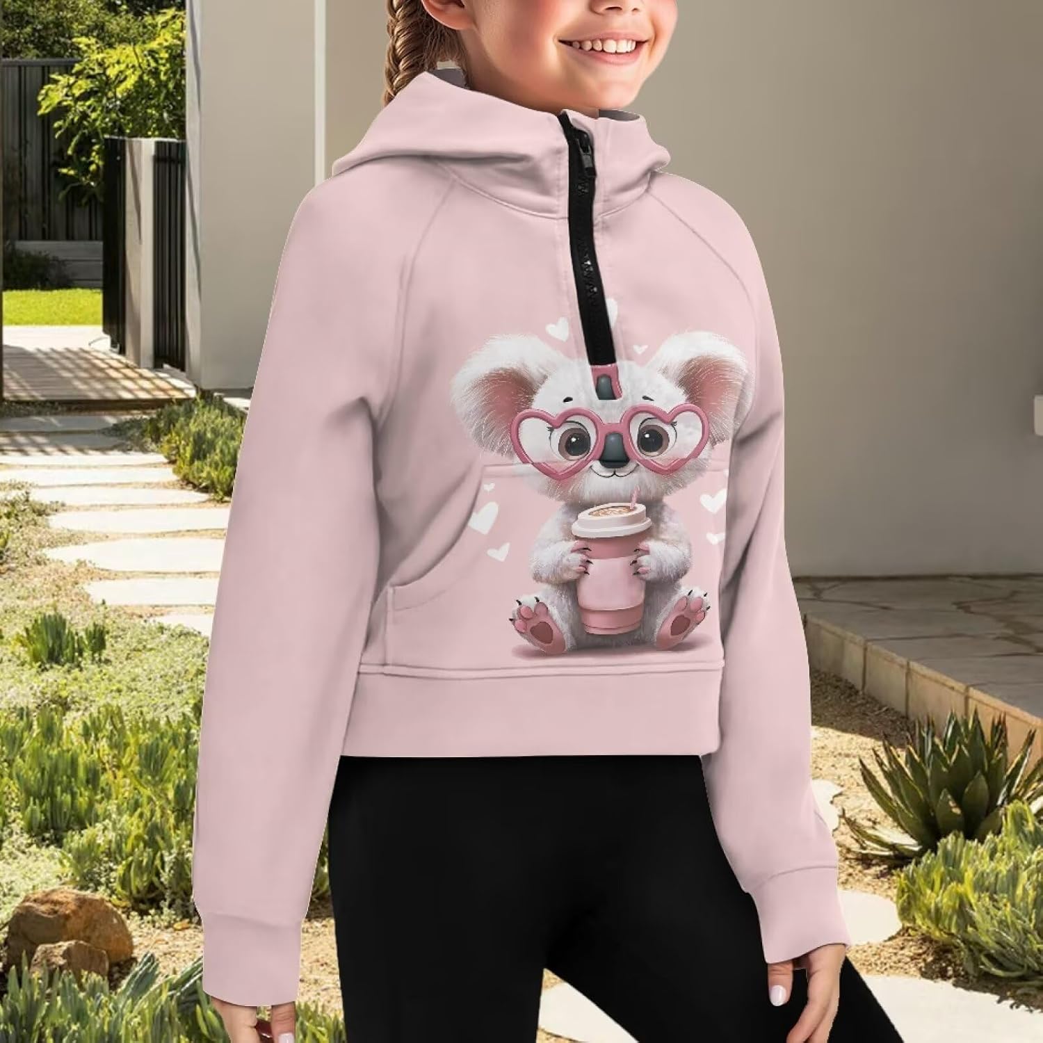 Girls Hooded Sweatshirts Quarter Zip Pullover Hoodies