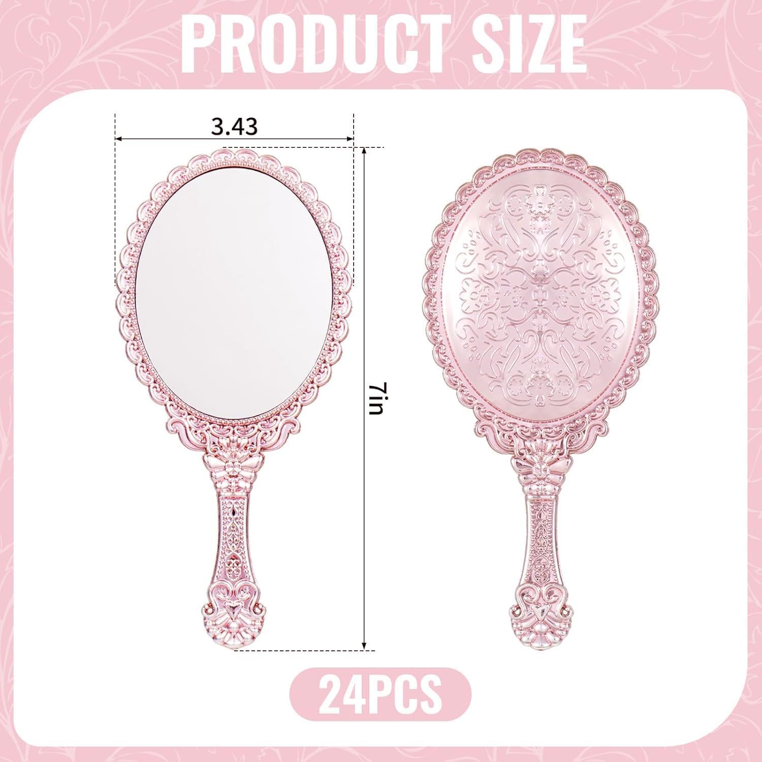 24 Pack Vintage Handheld Mirrors for Makeup, Rose Gold Embossed Floral Portable Princess Mirror with Handle, Decorative Travel Cosmetic Purse Mirror for Women, Party Favors, Classroom