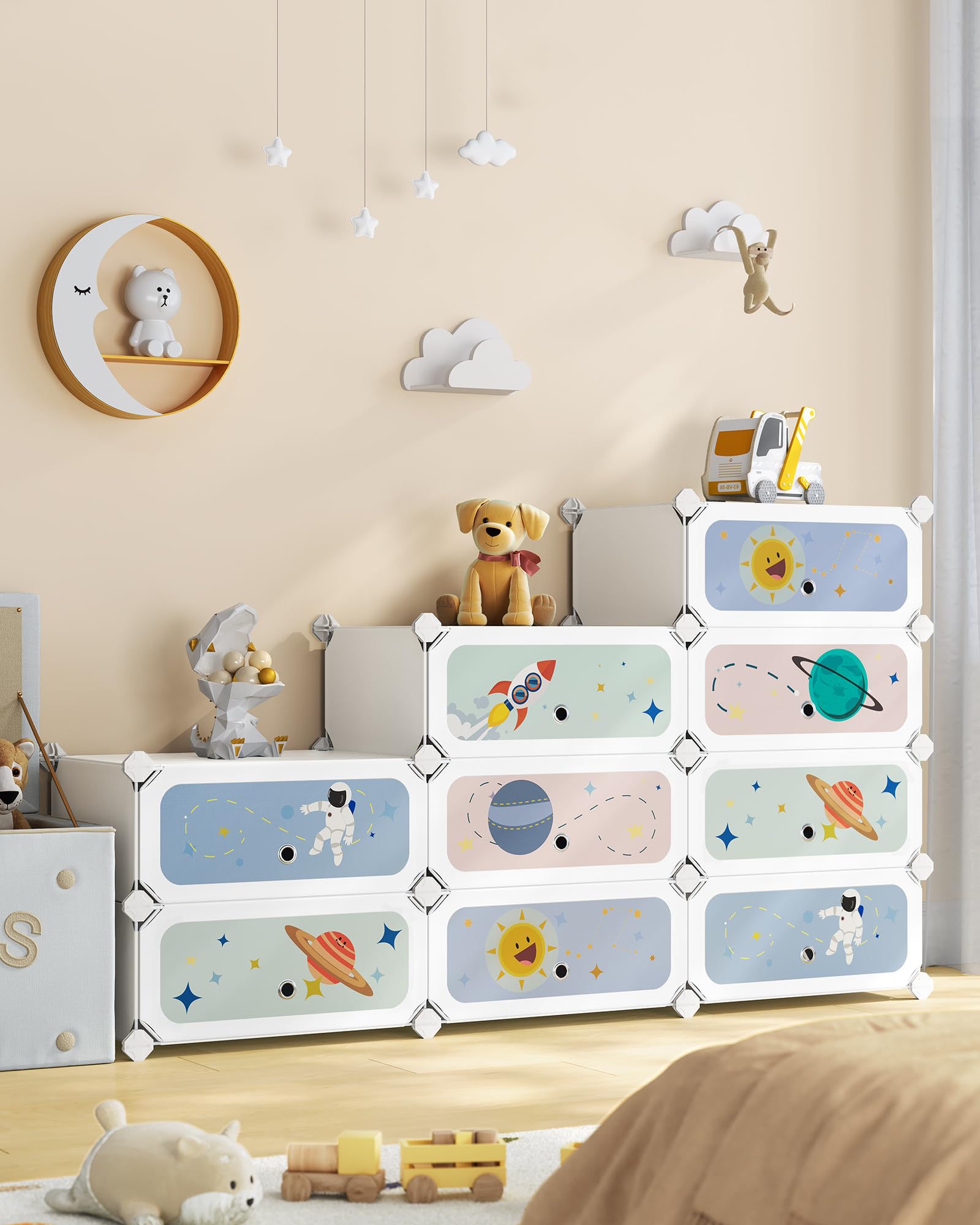 SONGMICS Estantería Modular Infantil 12 Cubos, Zapatero Plástico con Puertas, 31x81x106 cm, Blanco Nube