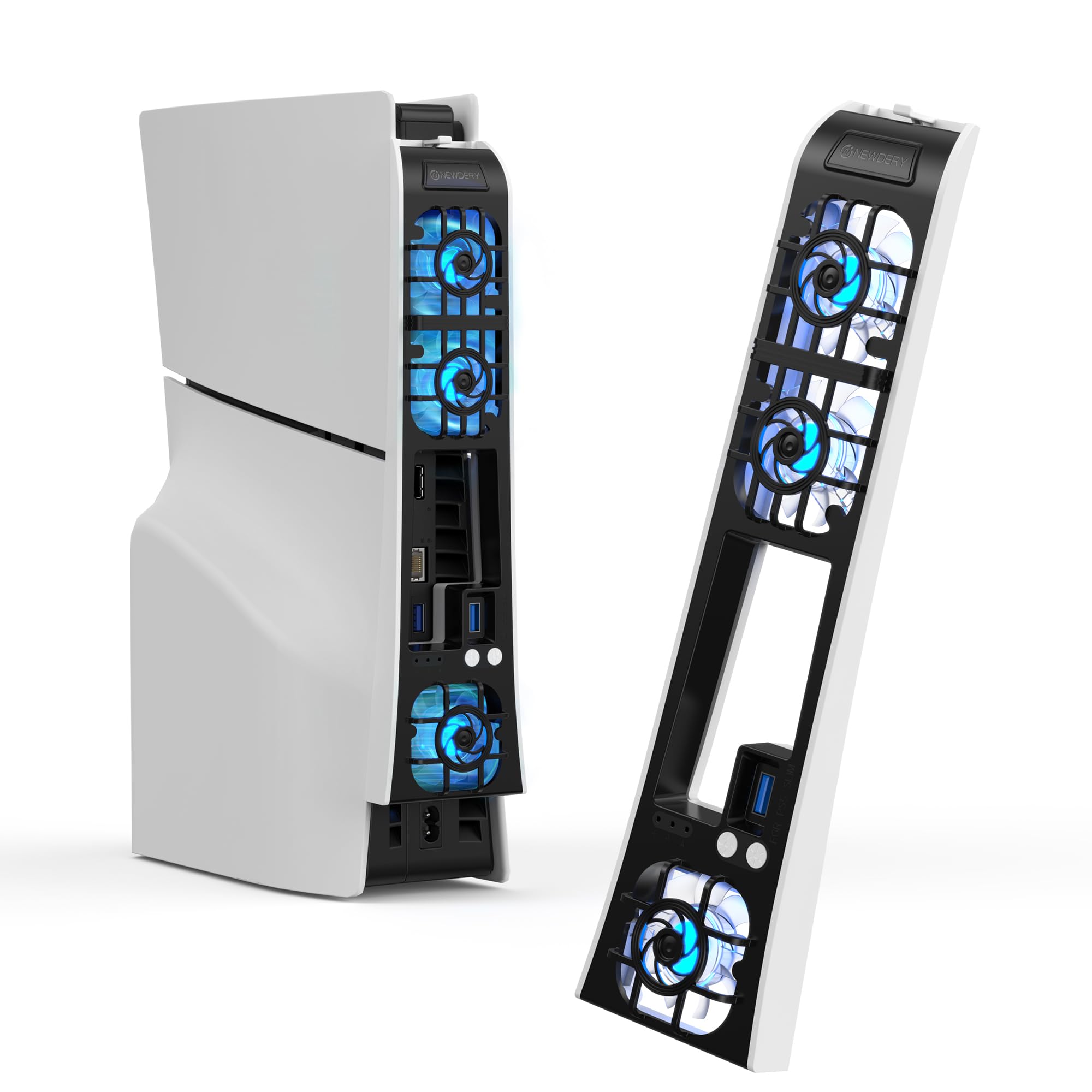 NEWDERY Ventola di raffreddamento per console PS5 Slim, ventola di raffreddamento silenziosa aggiornata, velocità regolabile in temperatura automatica, luce RGB dinamica, porta USB 3.0