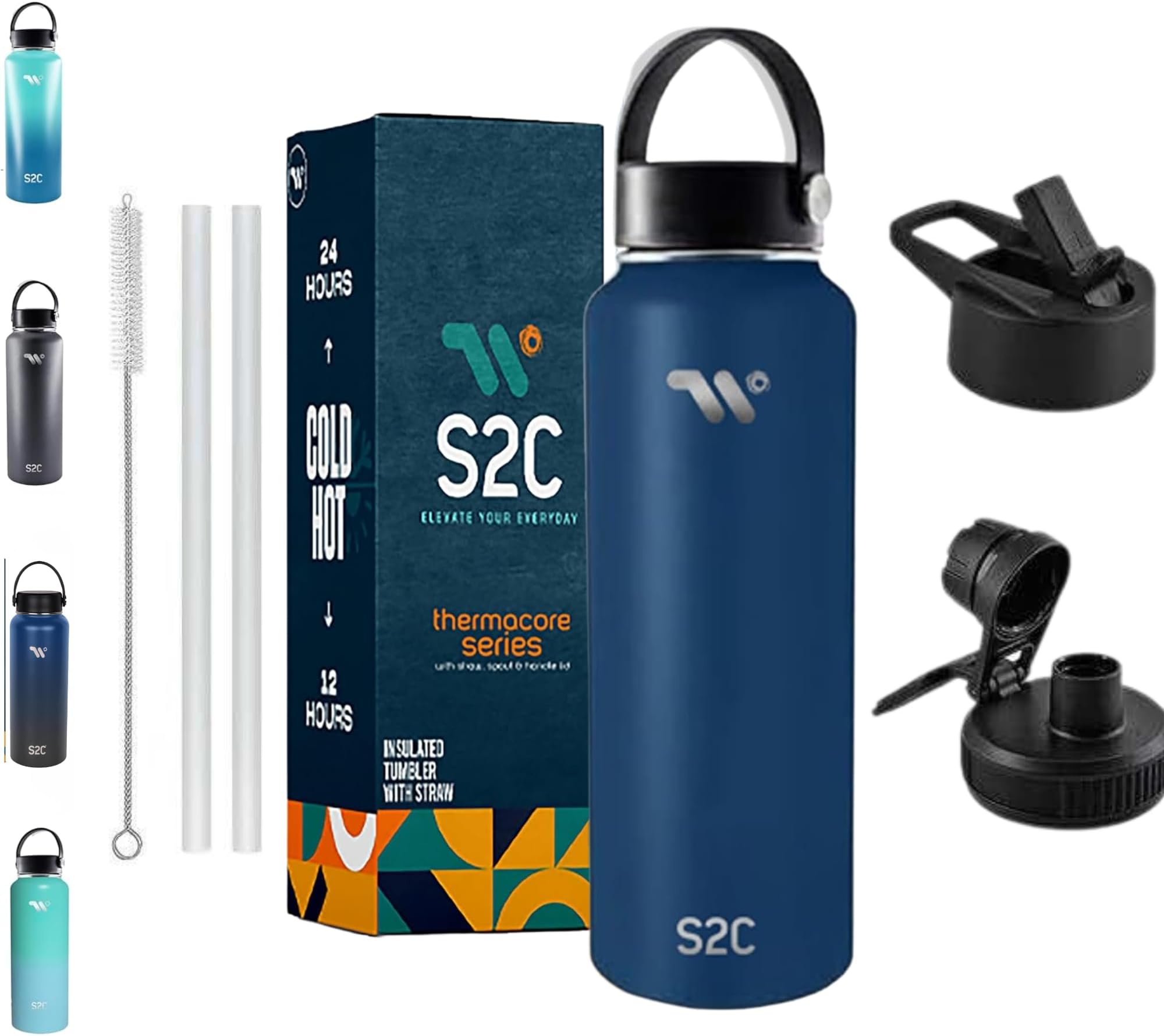 S2C 1200ml Stainless Steel Insulated Water Bottle - Keeps Drinks Cold 24H & Hot 12H, Leakproof, 3 Lids for Camping & Outdoor Adventures (BLUE)