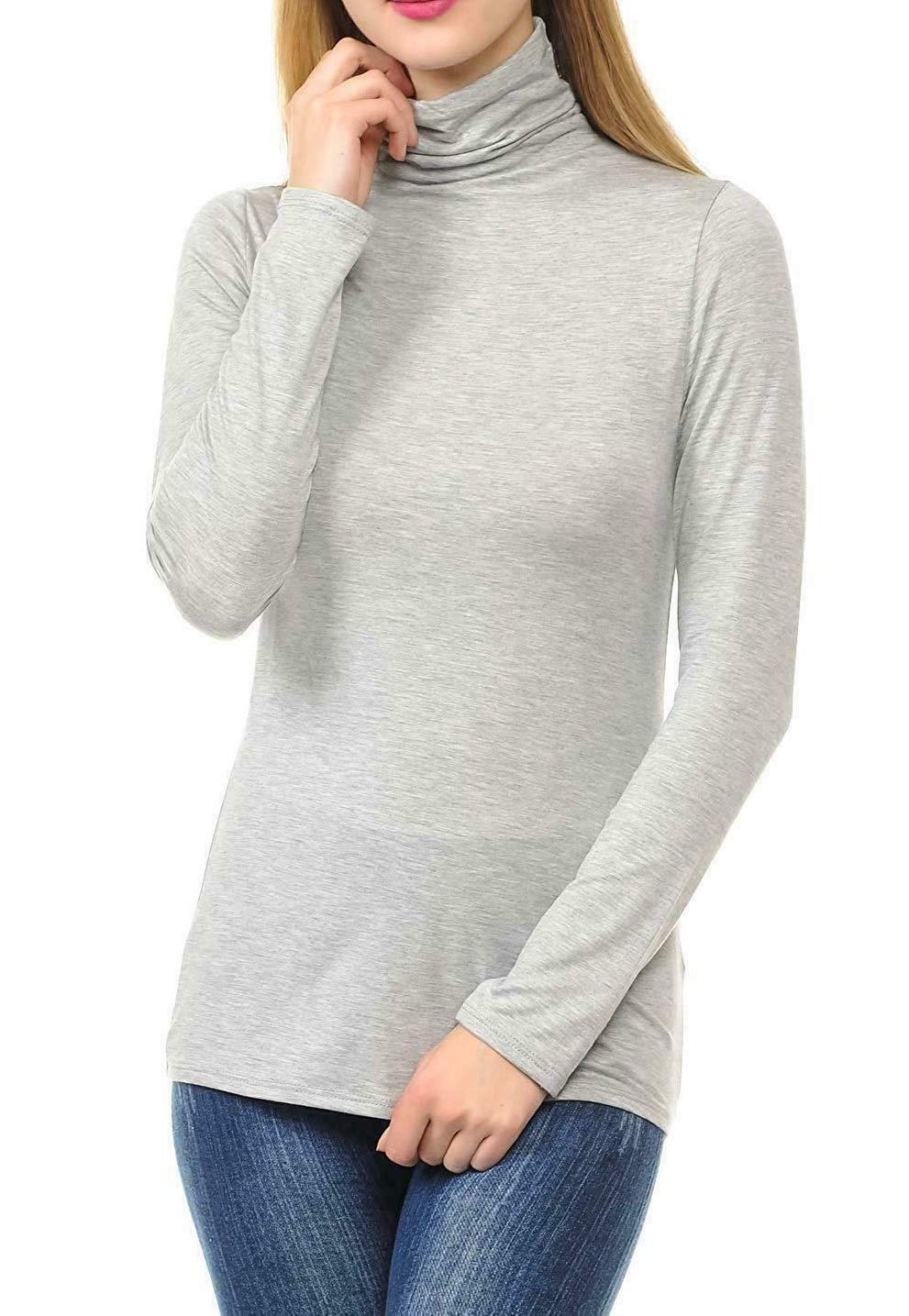 Ladies Women Basic Long Sleeve Plain Polo Turtle Neck Ladies Stretch Plus Size Top T Shirt (Light Grey, ML)