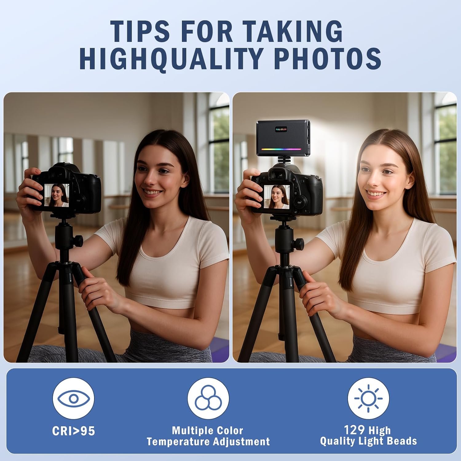 129 LED Camera Light with Metal Hotshoe,3000Mah Rechargeable,Color Temperature 3000-9000K Adjusted 10 Lights Modes for TikTok,Vlog,Selfie,Videoconferencing