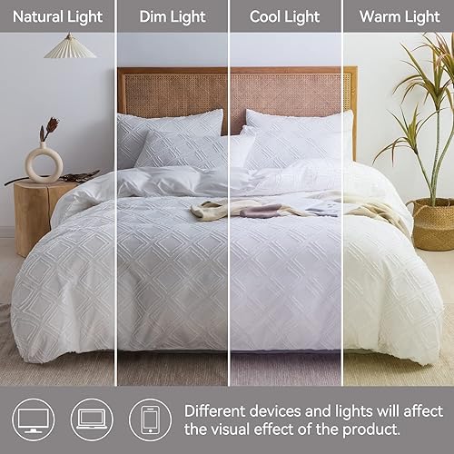 Miniatura 7 de JELLYMONI Juego de funda de edredón blanco brillante, talla Queen, 3 piezas, microfibra, estilo capitoné, texturado, bohemio, patrón geométrico de
