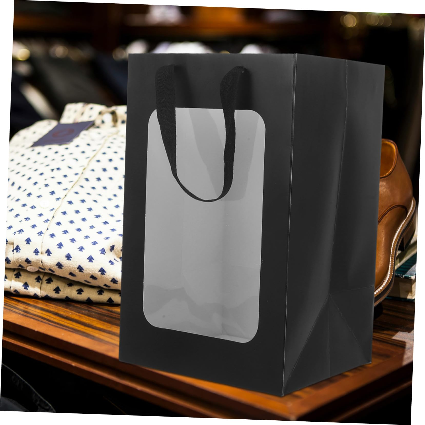 ABOOFAN 10 Stück Schwarze Geschenktüten aus Papier mit Sichtfenster und Henkeln Leicht zu Tragen für Geburtstage und Gastgeschenke