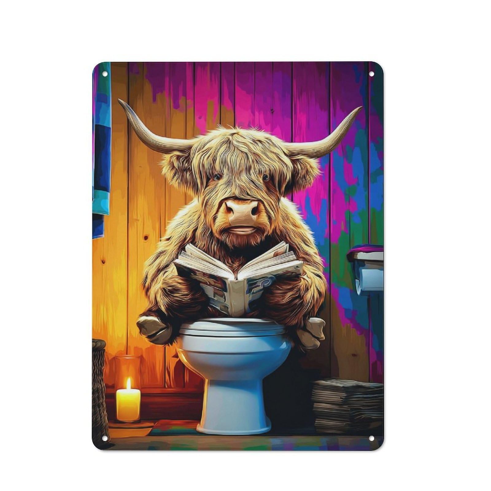 Junmoney Highland Cow Reading On The Toilet -2 Tin Wall Plaque 40X30cm With For Bar Or Restaurant, Suited To Restaurant Interior Fans