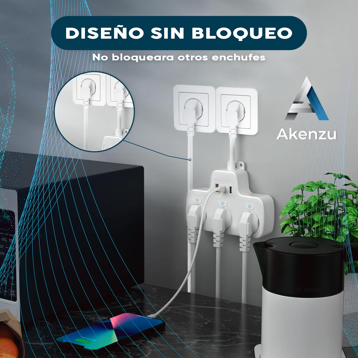 AKENZU©—Regletas para Enchufes Modulares 6 en 1 | Enchufe Multiple | Regleta De Enchufes Proteccion Sobretension | Ladron para Enchufes Plano con USB/USB-C | Enchufe con Interruptor para Pared—Blanco — view 4