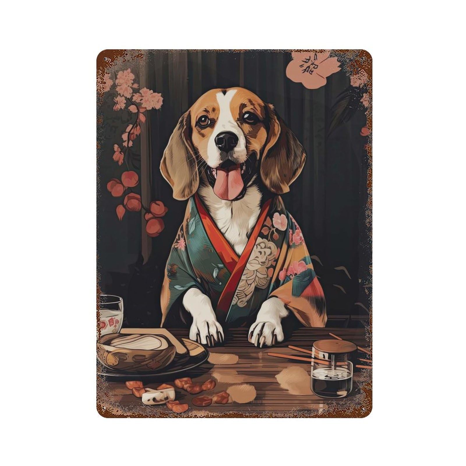 Rust Effect Beagle Dog Japanese Food Decorative Tin Sign 15.7"x11.8", Vintage Wall Decor for Farmhouse, Kitchen And Entryway Decor