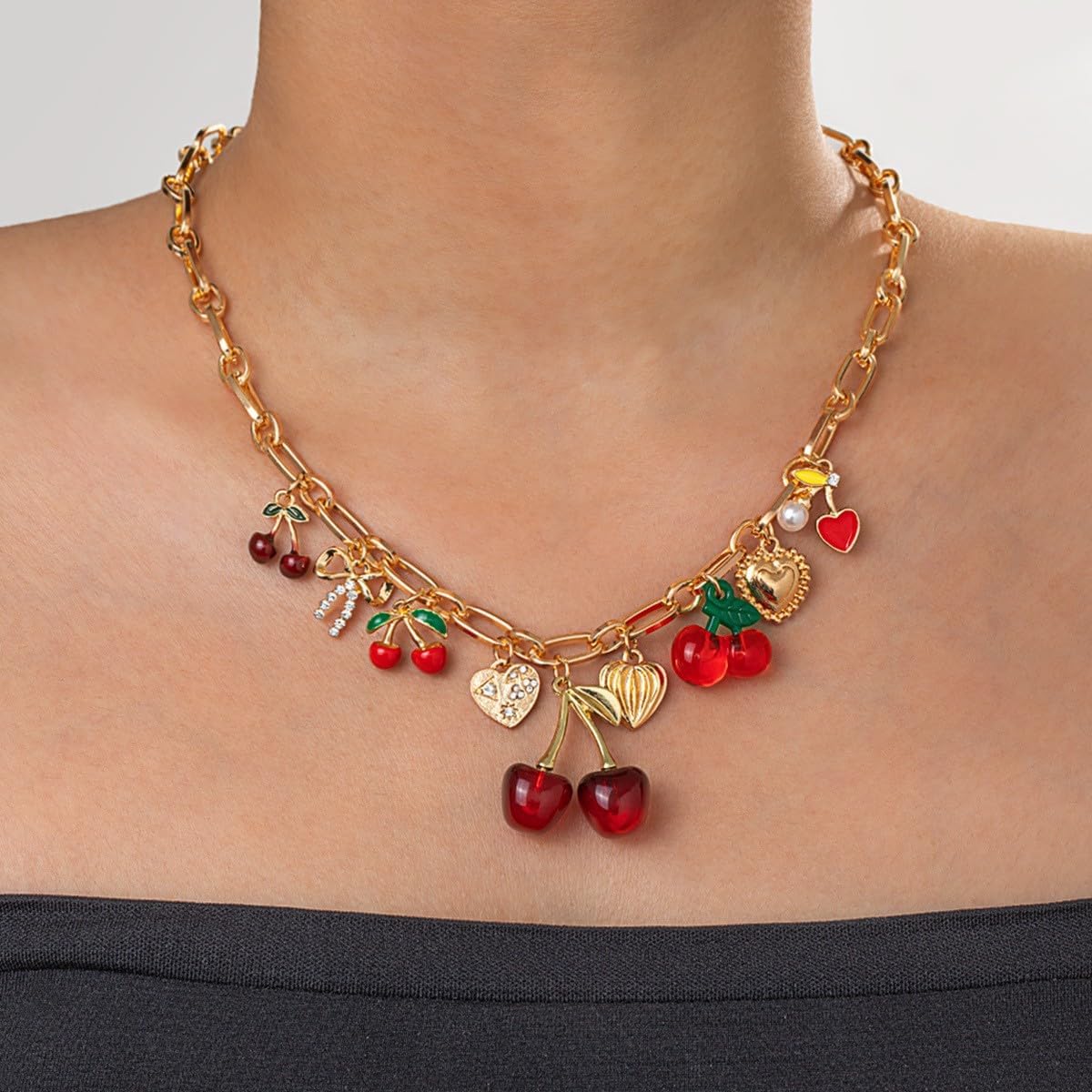 Cherry Bow Heart Charm Necklace for Women, Gold Chunky 3D Fruit Realistic Enamel Pearl Adjustable Chain Handmade Fashionable Christmas Jewelry Gift - Image 3