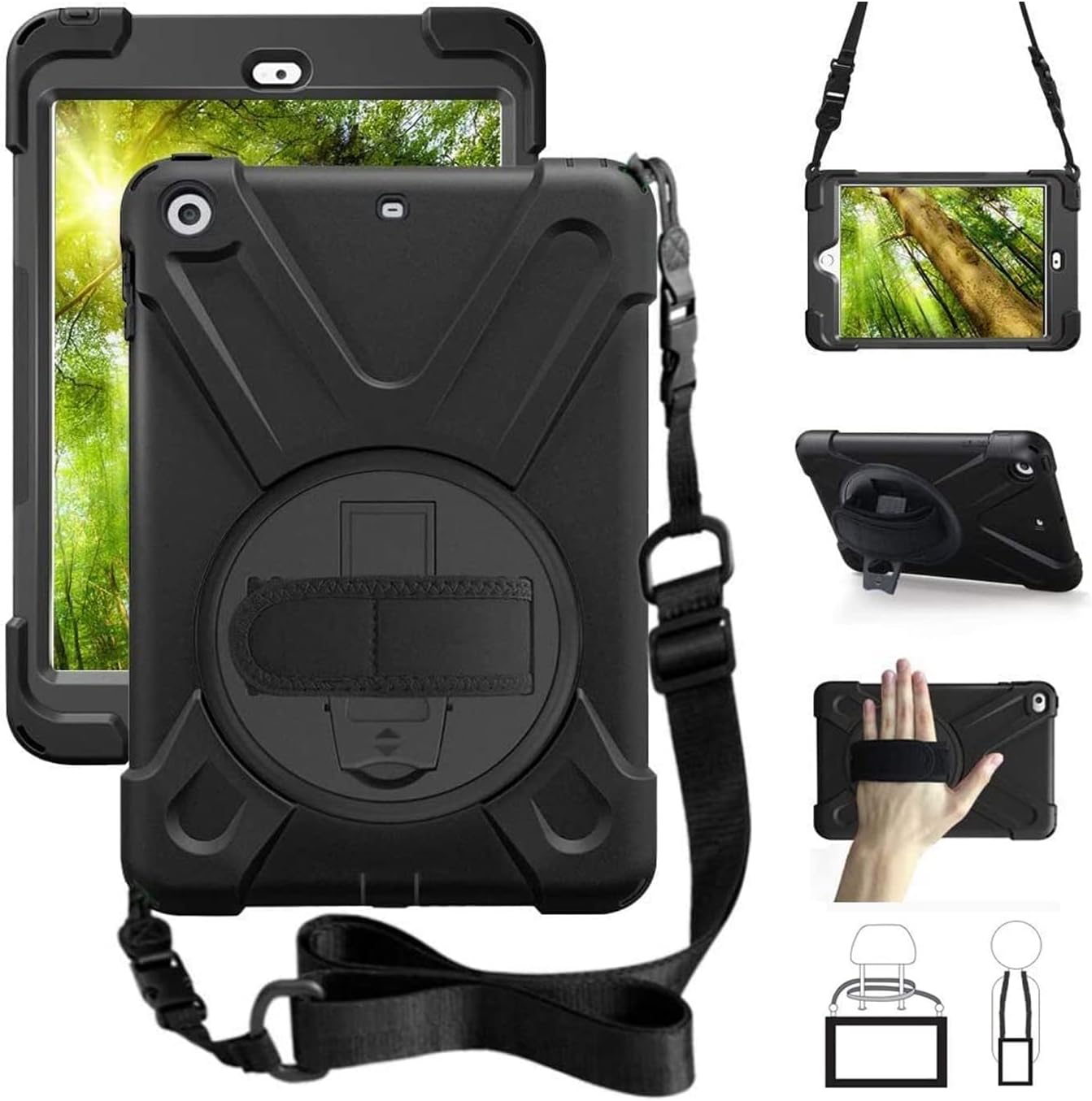 ZenRich iPad Mini Case iPad Mini 2 Case iPad Mini 3 Case-zenrich Rotatable Kickstand Hand Strap and Shoulder Strap Heavy Duty Shockproof case for iPad Mini 123 Series (Black)