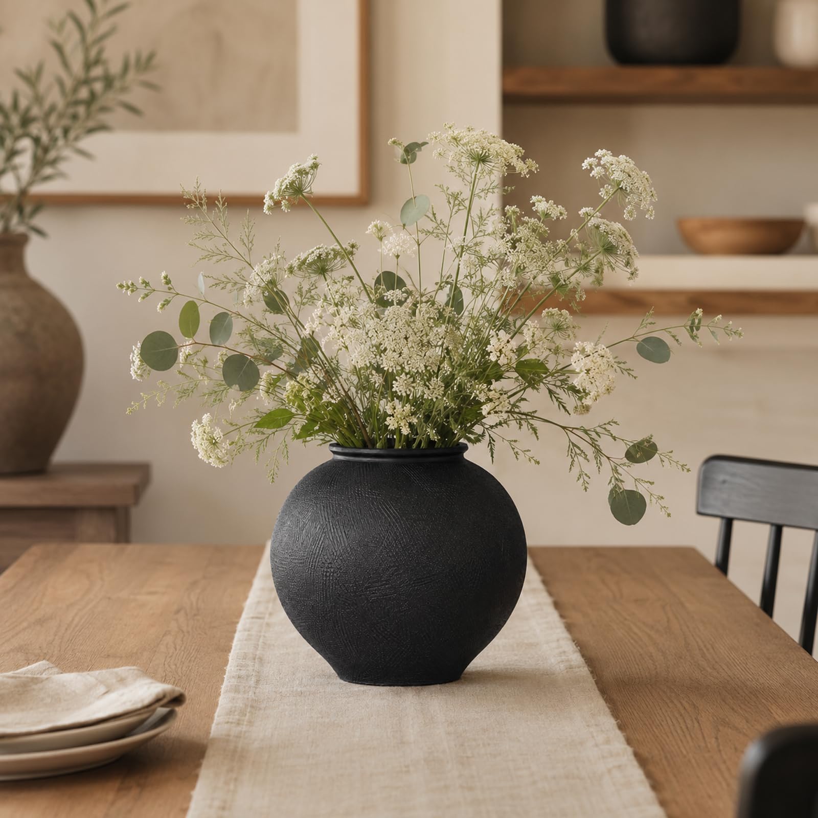 Rustikale Keramikvase, Bauernhaus, minimalistisch, hohe Blumenvase für Tisch, Wohnzimmer, Heimdekoration, Badezimmer, Urlaub, Hochzeit, 1 Stück, Sandsteinschwarz (Schwarz, 23,1 cm)