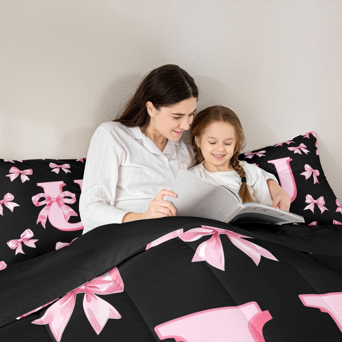 Erosebridal Pink Bowknot Comforter Set Initial Letter U Girls Twin Bedding Set Personalized Alphabet Bow Comforter for Kids Teen Adults,Black Pink Monogrammed Butterfly Knot Bed Set