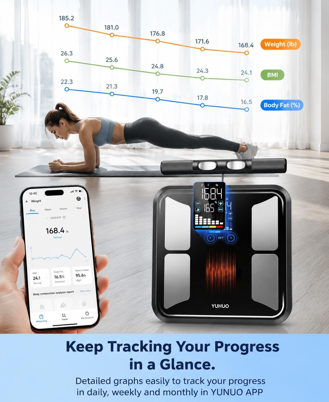 YUHUO Báscula inteligente para peso corporal, báscula digital de baño de 8 electrodos con IMC, grasa corporal, masa muscular, analizador segmentario de composición de cuerpo completo, sincronización