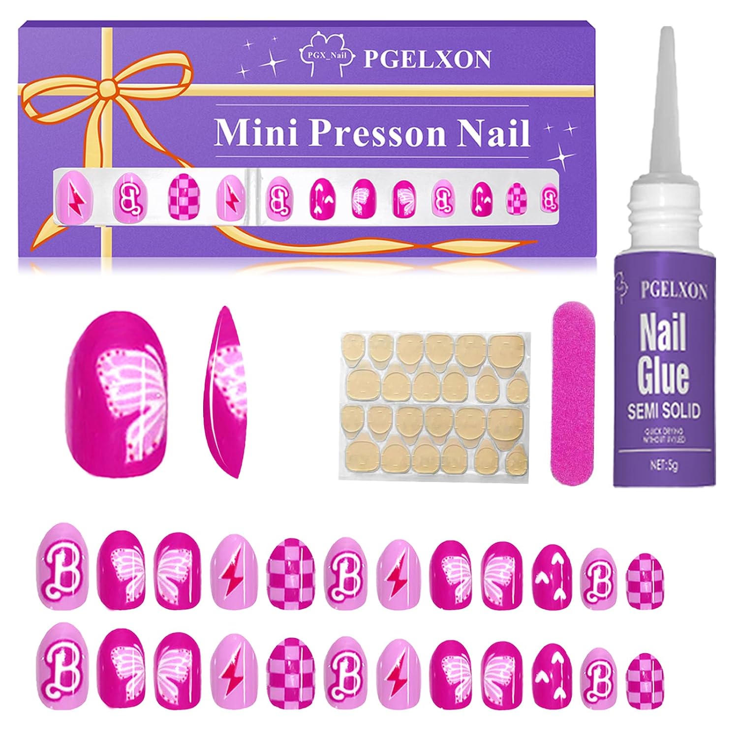 24 Pieces Press on Nails for Kids, Trendy Pearl Bow Kids Press on Nails for 6-12 Years, Fashion Nail Kit for Girls with Nail Glue, Adhesive Tabs