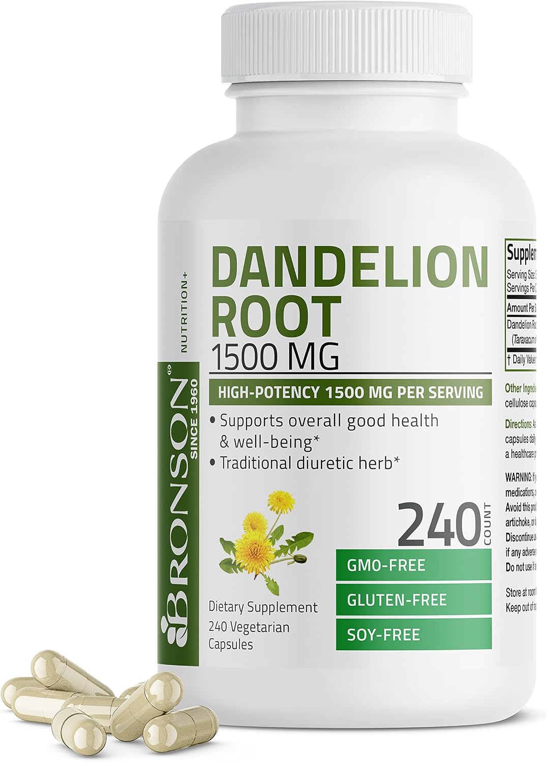 Bronson Dandelion Root 1500 MG per Serving High Potency, Supports Overall Good Health & Well-Being, Traditional Diuretic Herb - Non-GMO, 240 Vegetarian Capsules