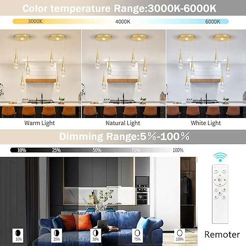 Miniatura 9 de 3 luces LED colgantes para isla de cocina, lámpara regulable dorada, moderna iluminación colgante de cristal para comedor, dormitorio, sala de