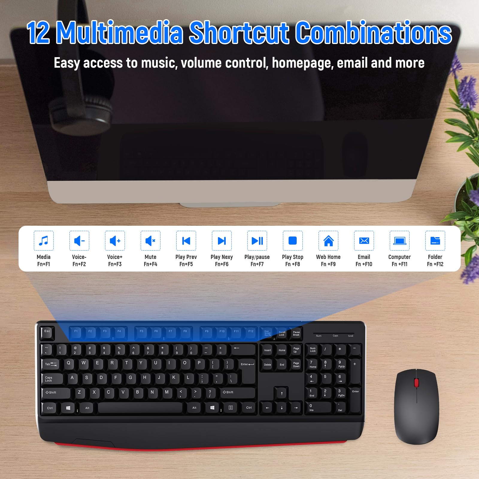 Tastiera wireless e mouse combinata, layout QWERTY 2.4G, tastiera meccanica dal design ergonomico, set per Windows, PC, laptop, notebook, computer con ricevitore USB-A e USB-C 2 in 1