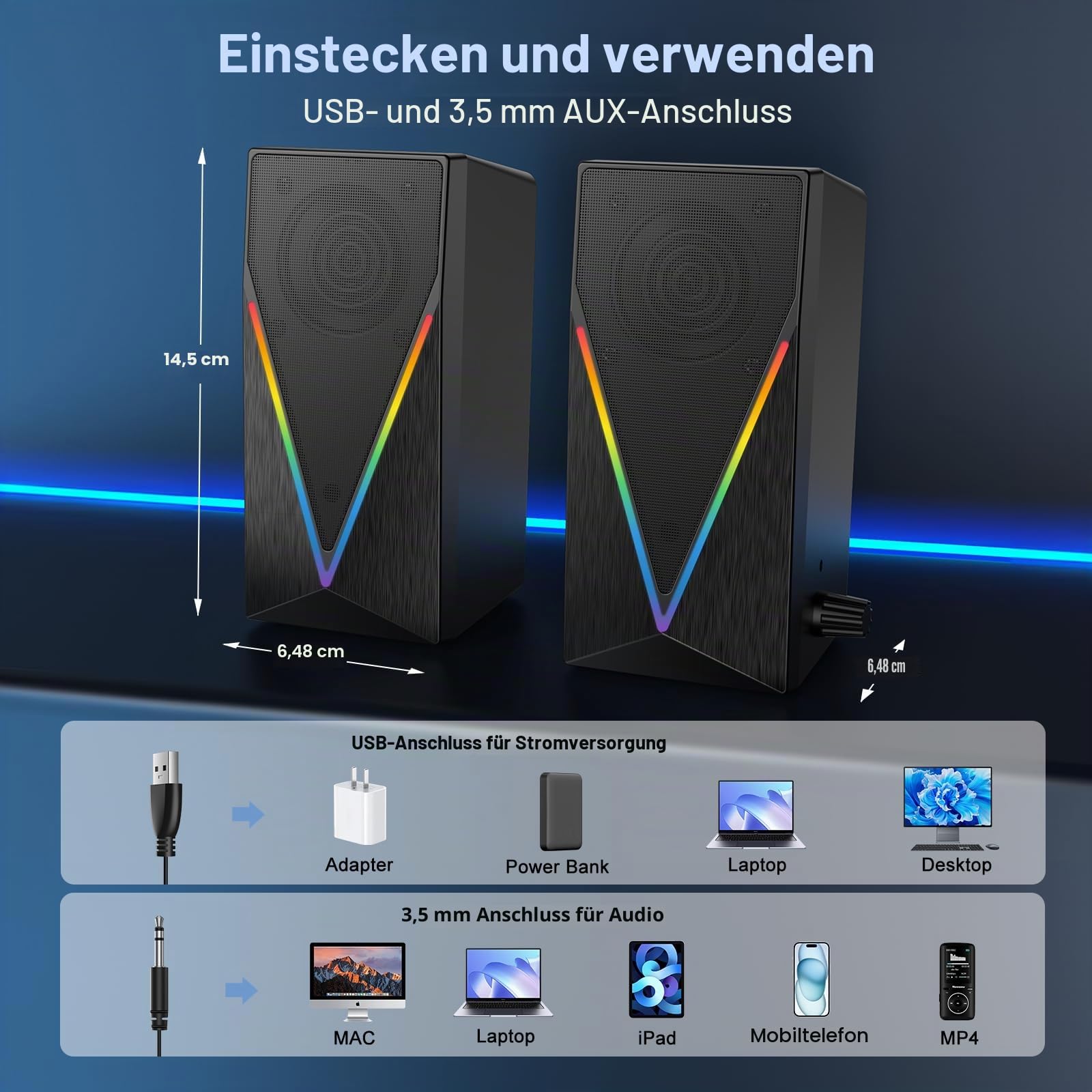 Lautsprecher Desktop-PC-Lautsprecher mit 6 bunten RGB-Lichtern, Kopfhöreranschluss und verbesserter Bass, USB-betrieben