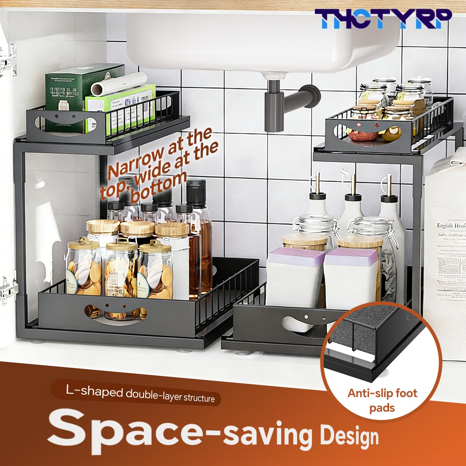 Scaffale estraibile in metallo a 2 ripiani, sottolavello, nero | Organizer per mobili da cucina e bagno, salvaspazio e stabile, per lavello e lavandino