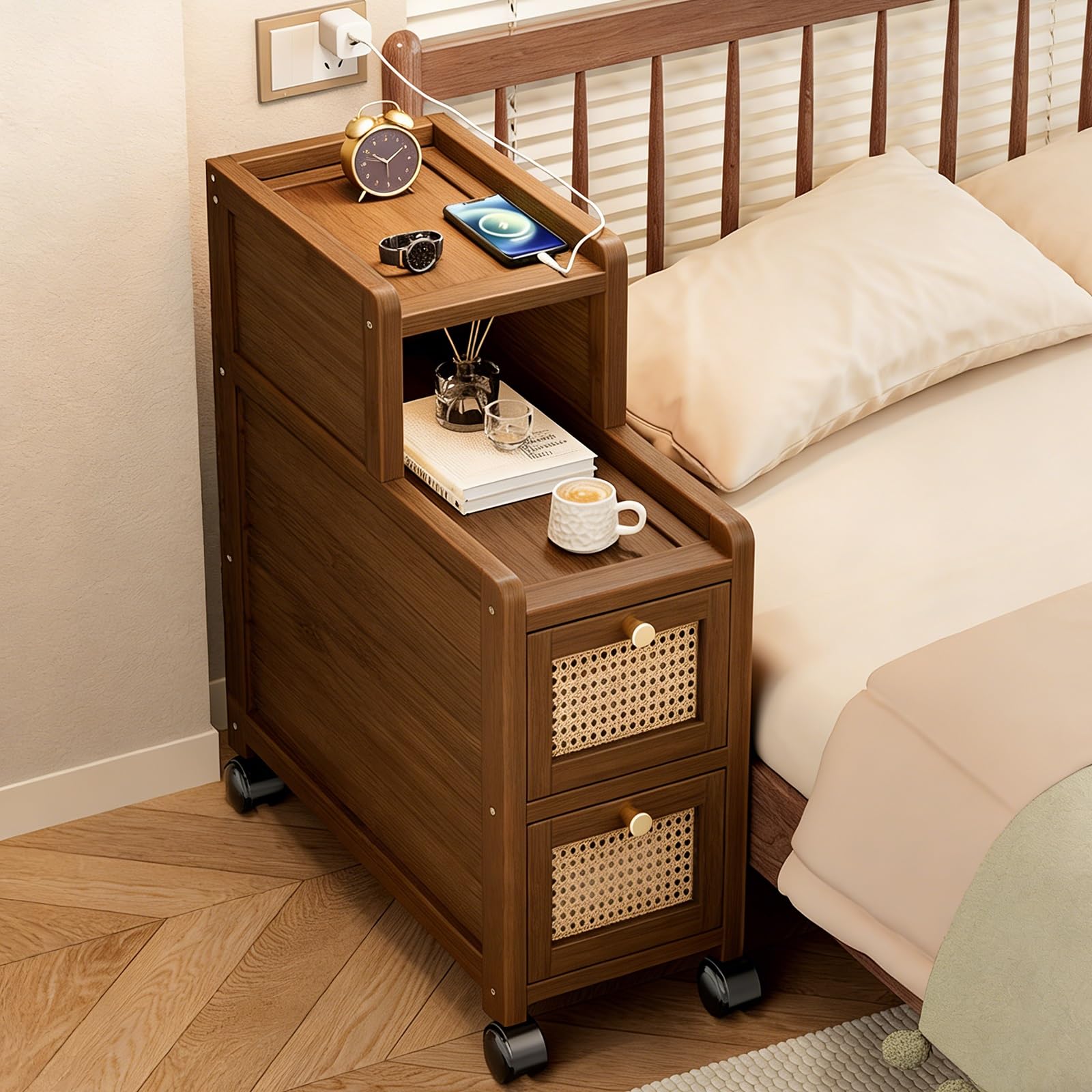 SXZenSpace Rattan Nightstand with 2 Drawer and Open Shelf Skinny Bedside Table Swivel Casters for Bedroom Dorm Small Spaces(20x38x55cm)