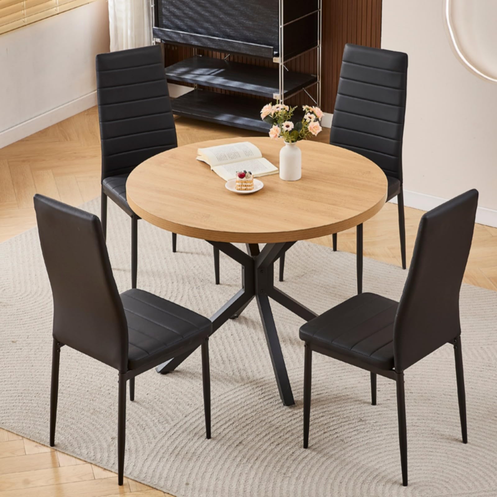 Homullel Round Dining Table and Chairs Set 4 Seater Kitchen Dining Set, 5 Pieces Table & Chairs Dinner Table Set for 4 (95cm Wooden Table with 4 Chairs, Fuax Leather Black)