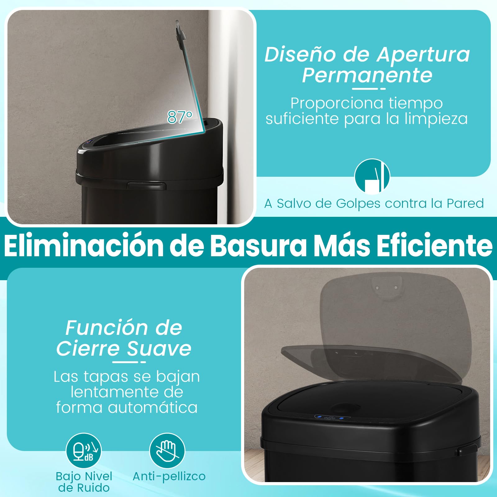 COSTWAY Cubo de Basura Automático 58L, Papelera Cocina de Reciclaje Inteligente con 2 Compartimentos, Tapa que se Mantiene Abierta y Cierre Suave, Cubos Basura con Sensor para Cocina, Negro