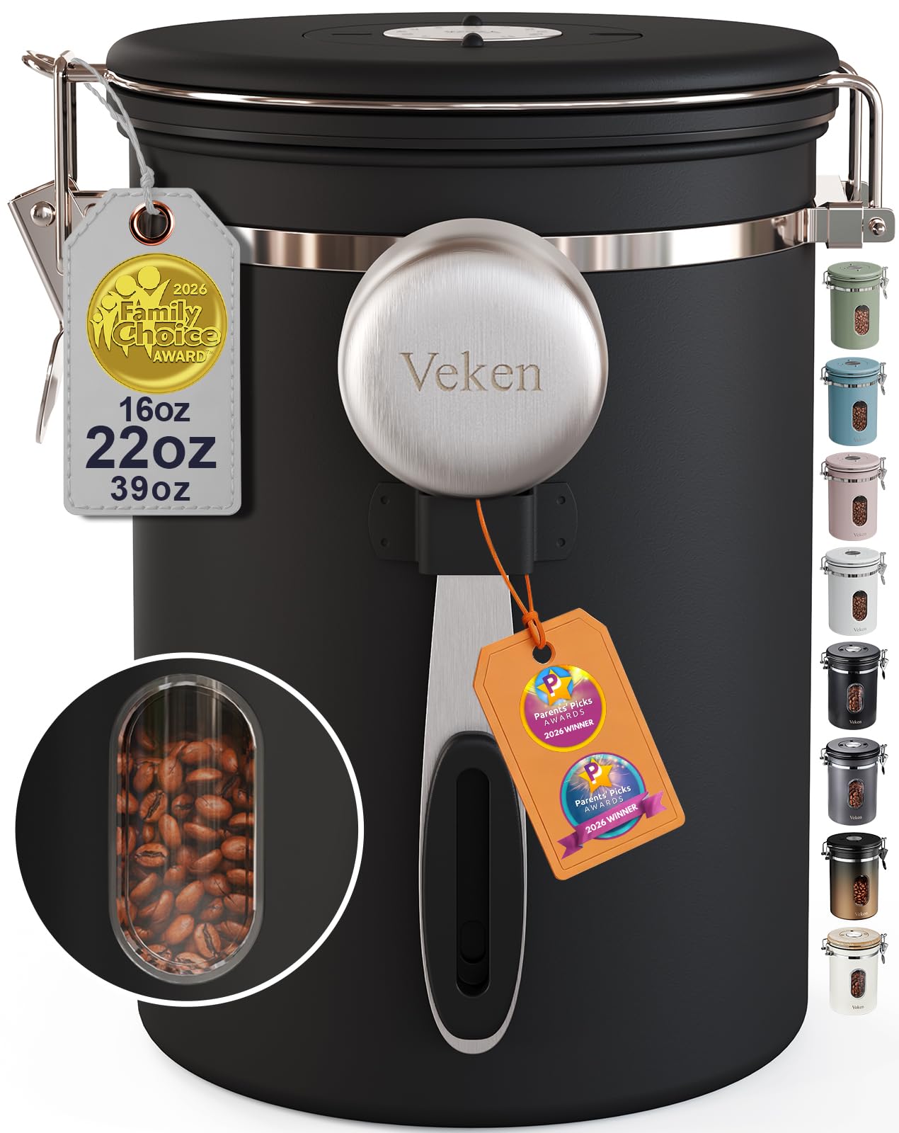 veken coffee canister with window,airtight stainless steel pantry container,home kitchen food storage organizers for ground,beans,espresso,rice,tea,sugar,cereal, decor,bar accessories,gifts,22oz,black