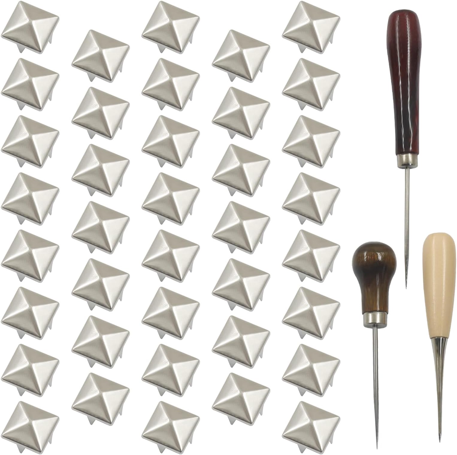 500 PCS 10mm Square Pyramid Studs, Silver Clothing Studs Four Jaw Studs, Metal Spikes for Punk Rock Clothing, Leather Shoes, Bag DIY Craft Accessories with 3 Awls