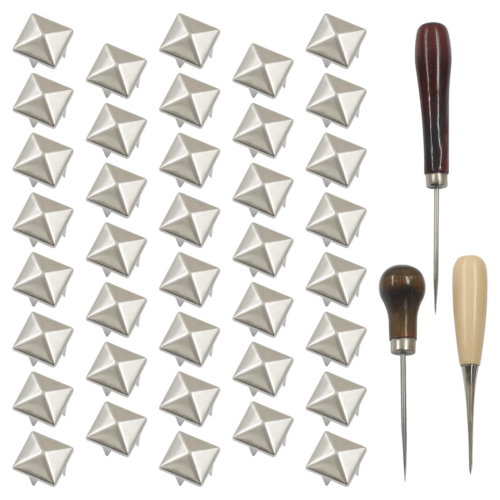 500 PCS 10mm Square Pyramid Studs, Silver Clothing Studs Four Jaw Studs, Metal Spikes for Punk Rock Clothing, Leather Shoes, Bag DIY Craft Accessories with 3 Awls