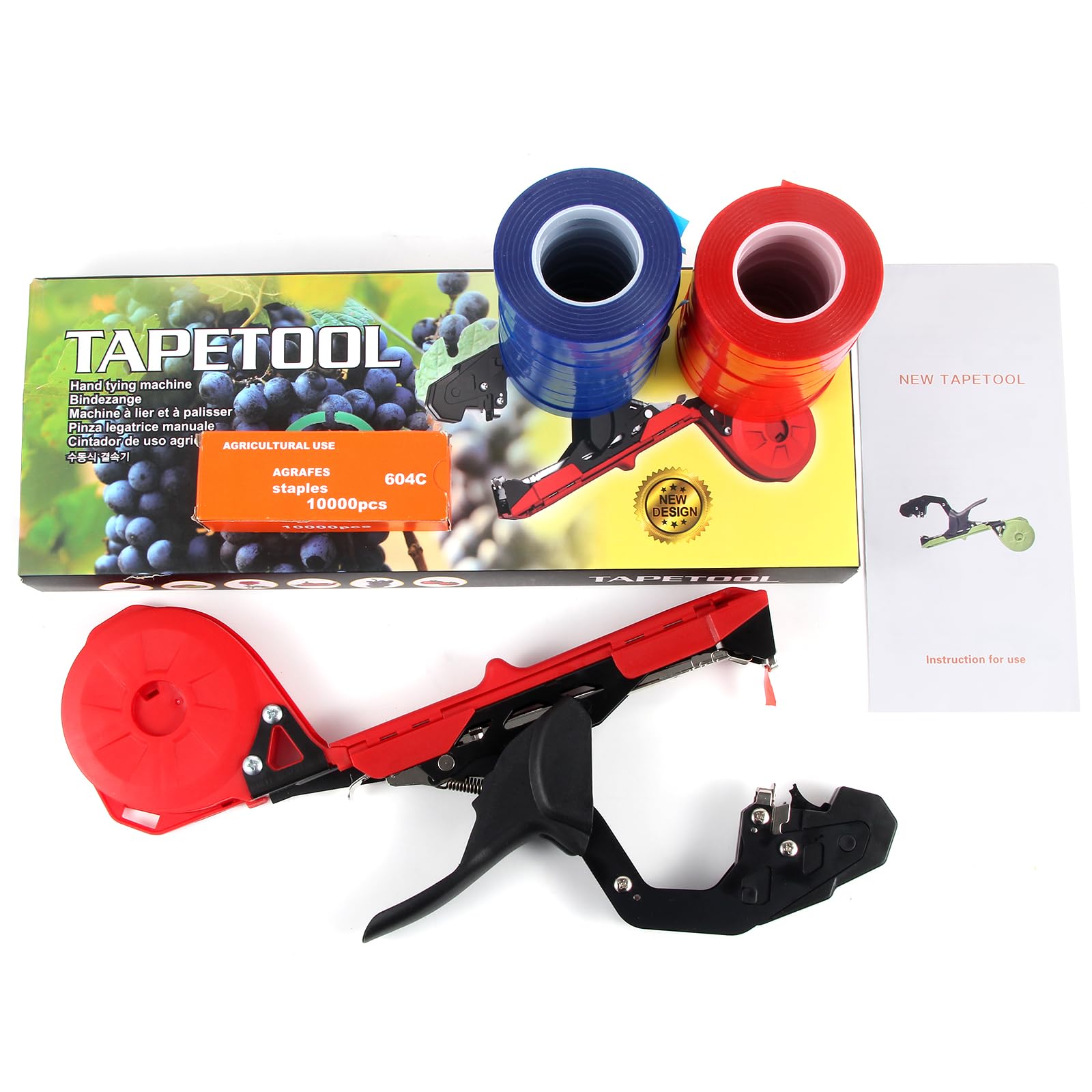 Máquina atadora de plantas, herramienta de atado de plantas con 10000 grapas, 20 rollos de cinta para plantas, pistola de cinta para uvas, frambuesas, tomates y verduras de vid (rojo)