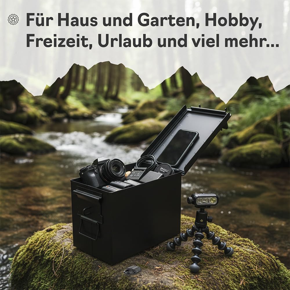 Trucky Munitionsbox mit Schloss 33x19x23 cm Ammo Box Metallkiste Metallbox Munitionskiste Aufbewahrungsbox mit Deckel Army Schwarz Metall