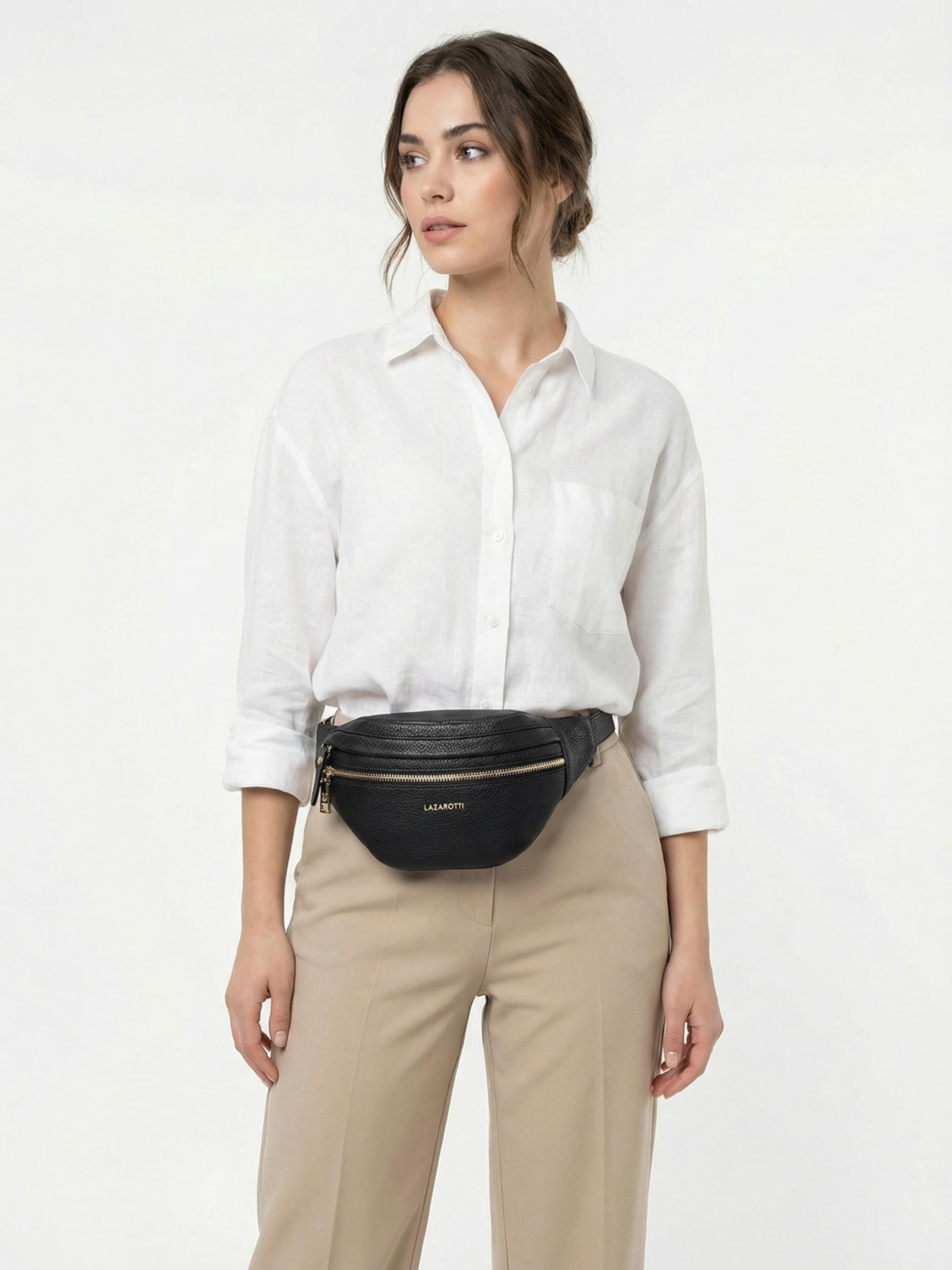 Lazarotti Bologna XL Leder Gürteltasche Damen | 2 Reißverschlussfächer | große Bauchtasche 25 cm