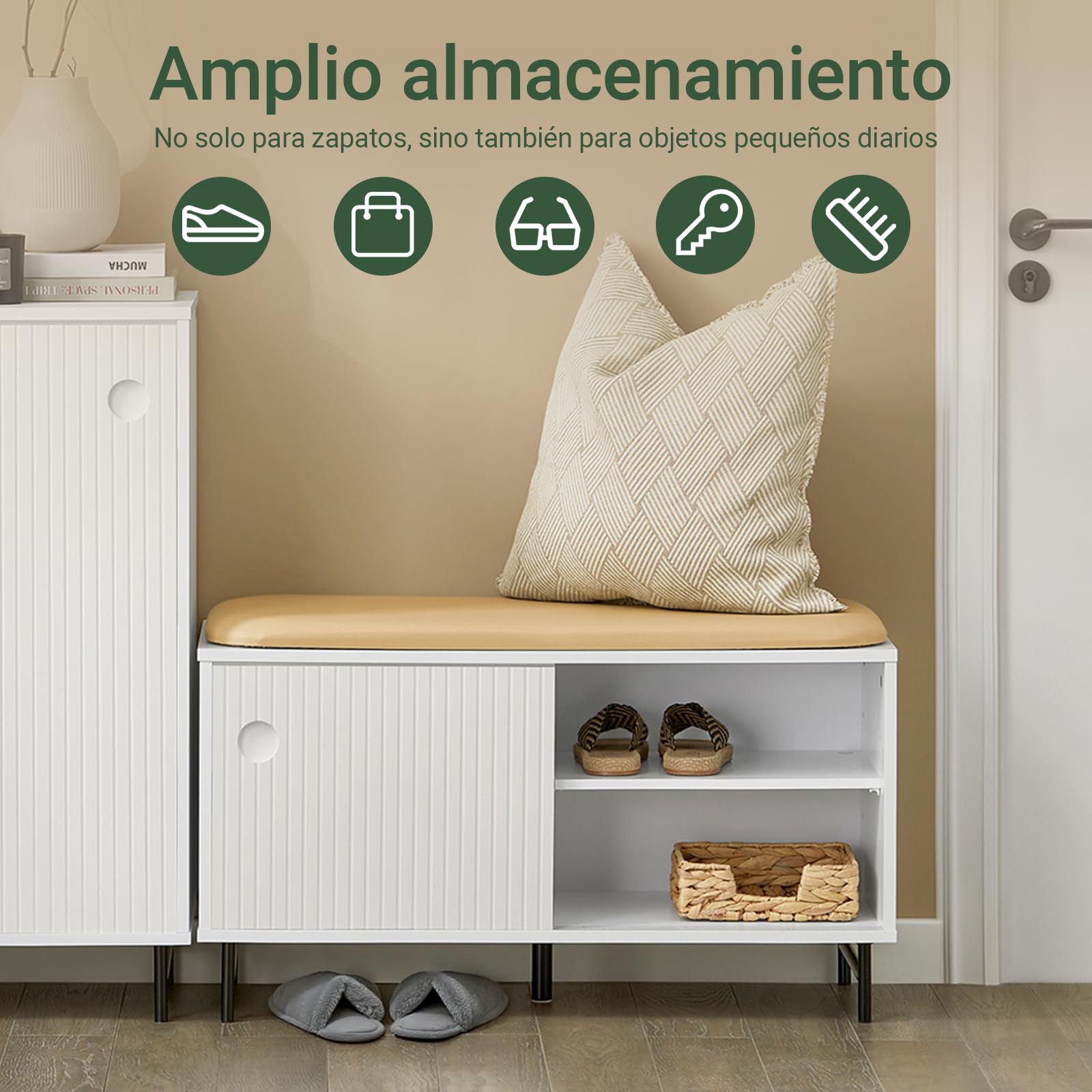 SoBuy FSR116-W Banco Zapatero con Puertas Correderas Armario Multifuncional para Entrada con Estantes 85 x 37 x 49 cm Blanco ES