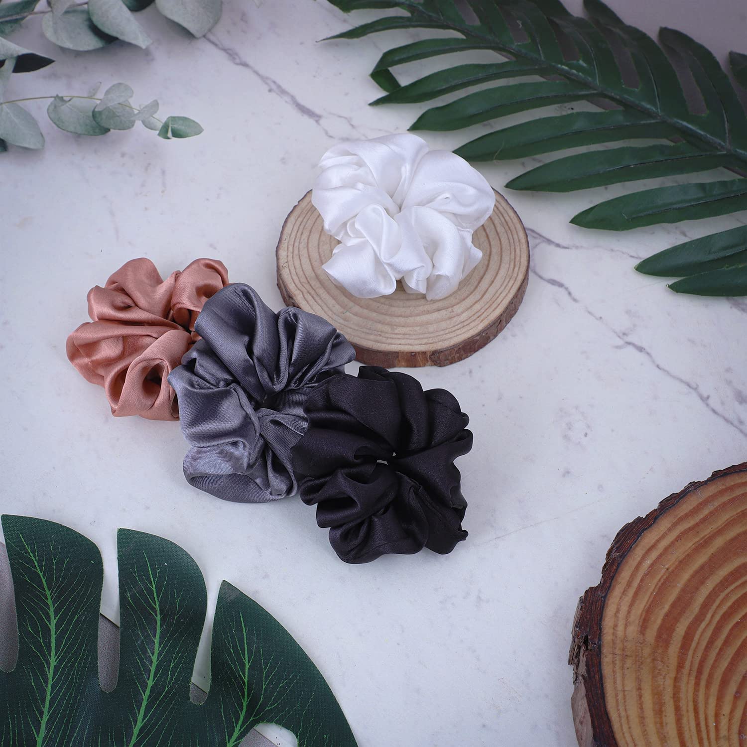 AP SALES Satin Hair Scrunchies for Women and Girls Ties Bands Pack of 4 | Black Grey White Special Wine | USA Multiple Pack|Scrunchy With Elastic Band (TYPE-A)