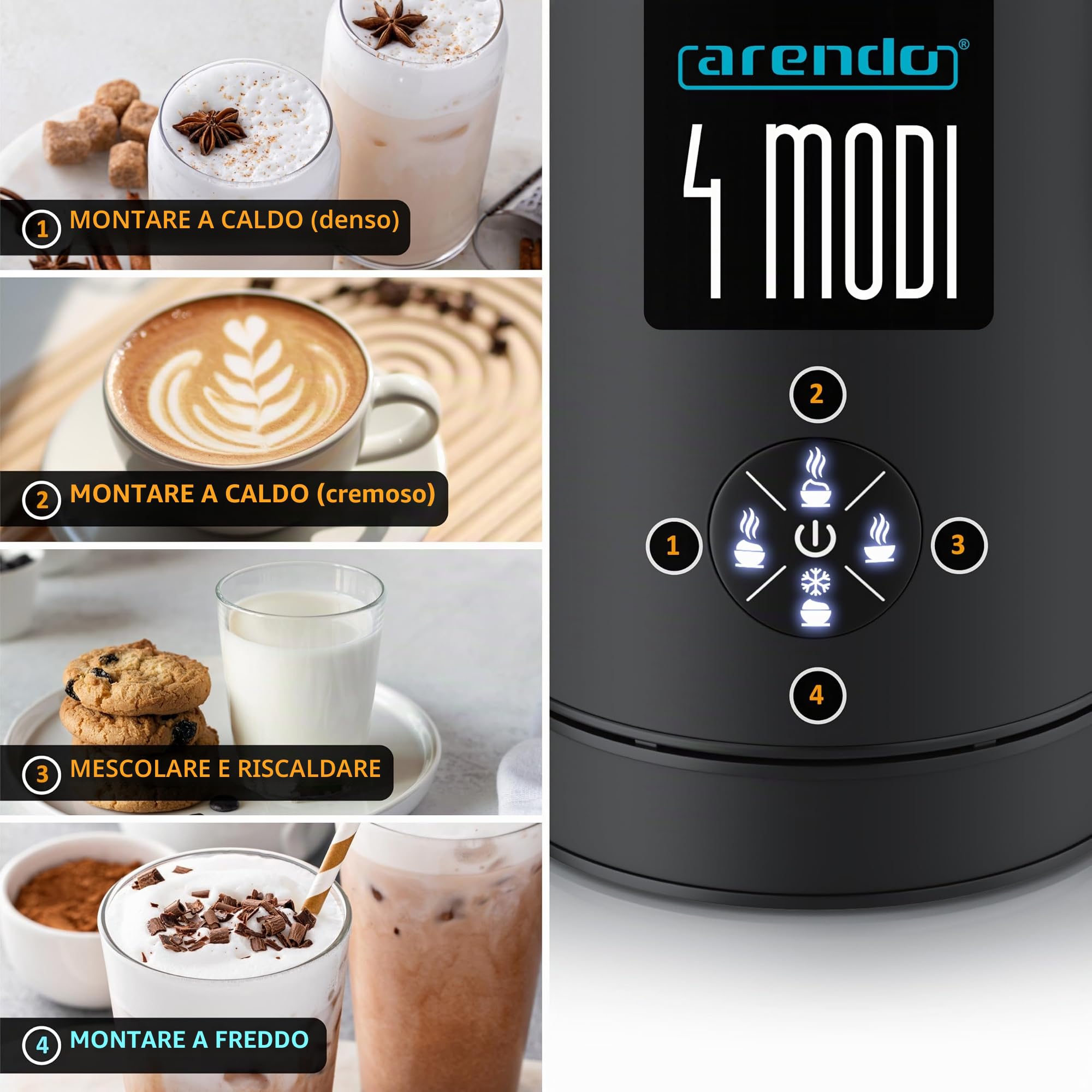Arendo - Montalatte elettrico 4 in 1 - alloggiamento a doppia parete - 4 programmi - schiuma calda e fredda - schiuma solida cremosa - 150-300 ml - rivestimento antiaderente