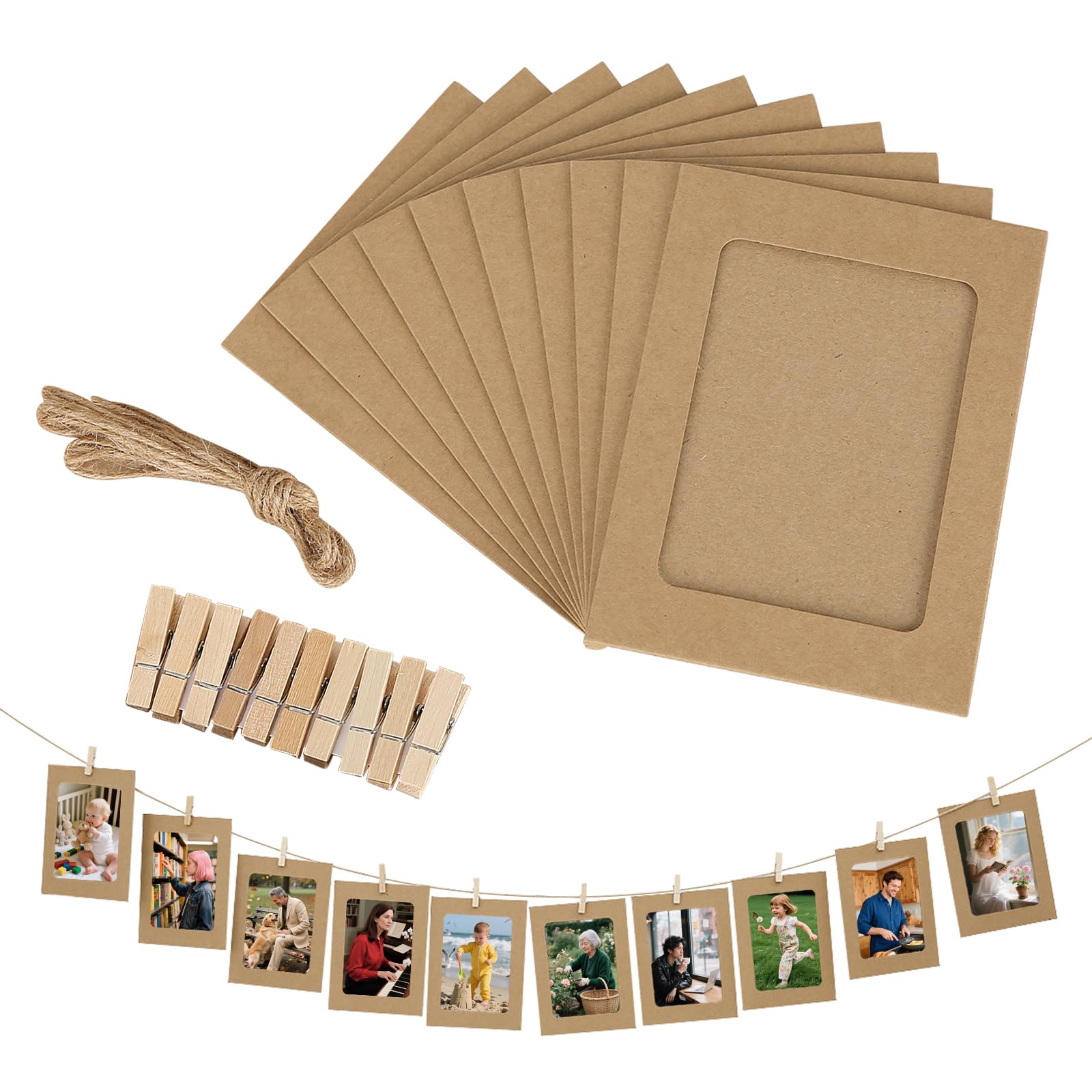 30 Pcs Cardboard Photo Frames, 4x6 Inch Cardboard Frames with Wooden Clips and String Hanging, Hanging Paper Picture Frames DIY Creative Photo Frames for Home Wall Decor (Brown)