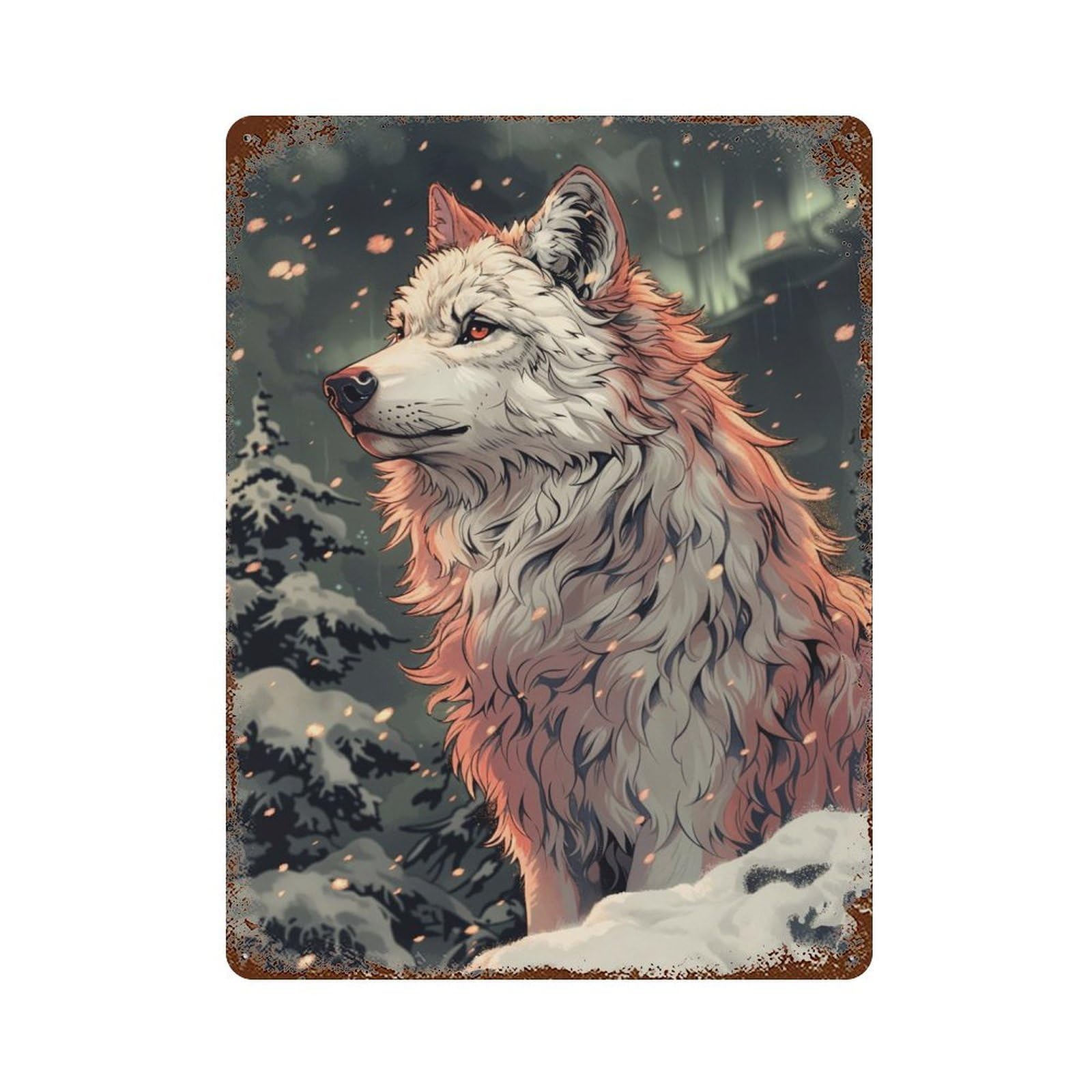 Garage Style White Wolf in Snowy Forest Rusty Metal Tin Sign 15.7"x11.8", Shabby Chic Decor for Bar And Workshop
